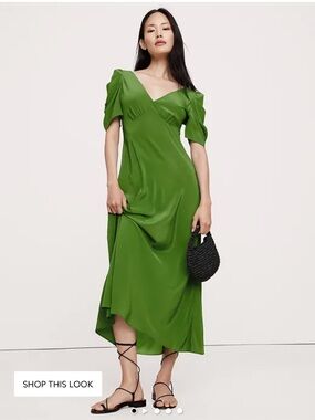 100% Silk Green V-Neck Puff Sleeve Maxi Dress